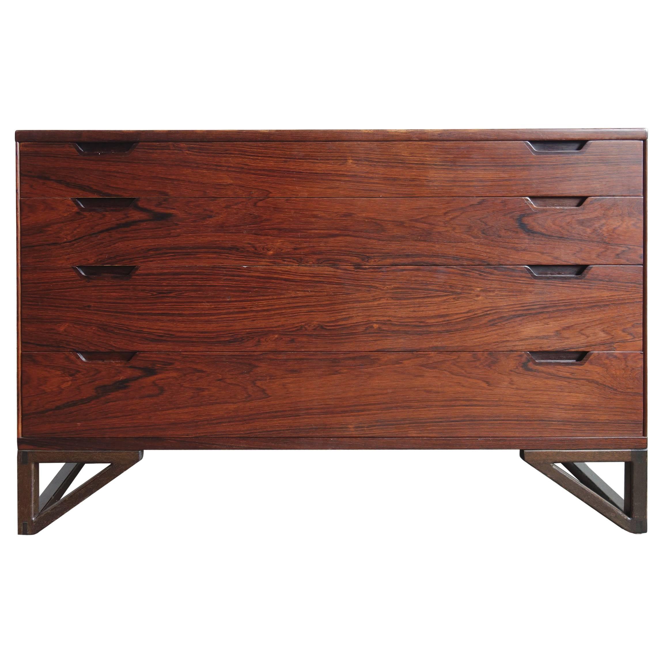Highly desirable midcentury Svend Langkilde for Illums Bolighus rosewood chest of drawers or commode.
Rosewood is highly figured and vibrant. Very high quality. Makers mark affixed to the back.
 