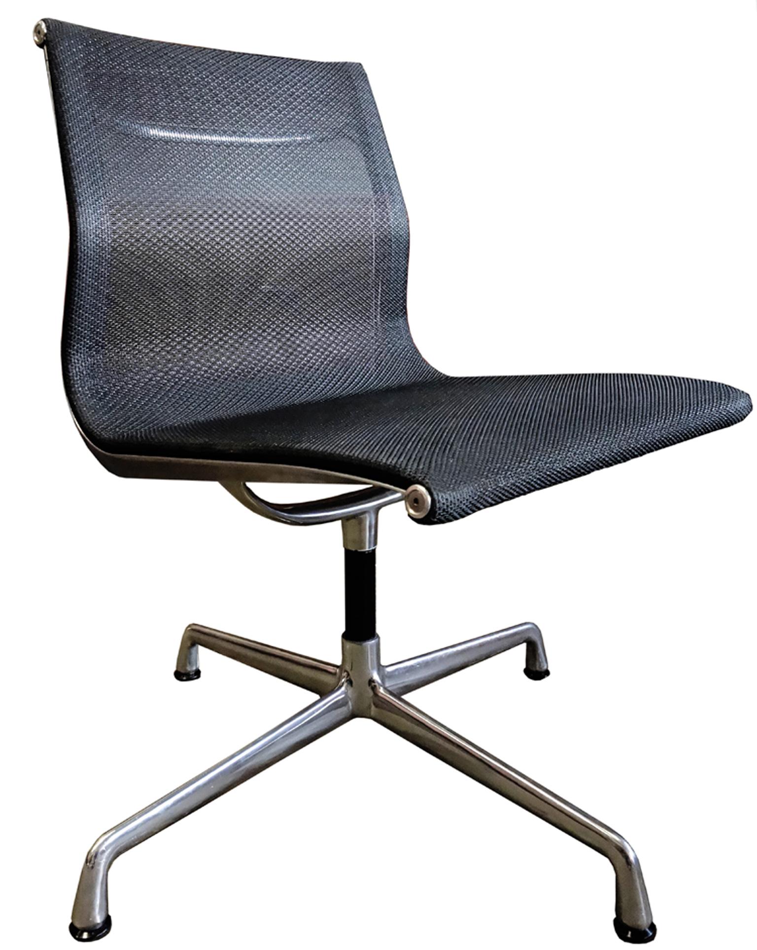For your consideration are up to 24 midcentury Eames side chairs upholstered in mesh with no arms. Elegance and comfort separates this iconic chair from the rest. First produced in 1958 and still in production makes this one of the most sought after