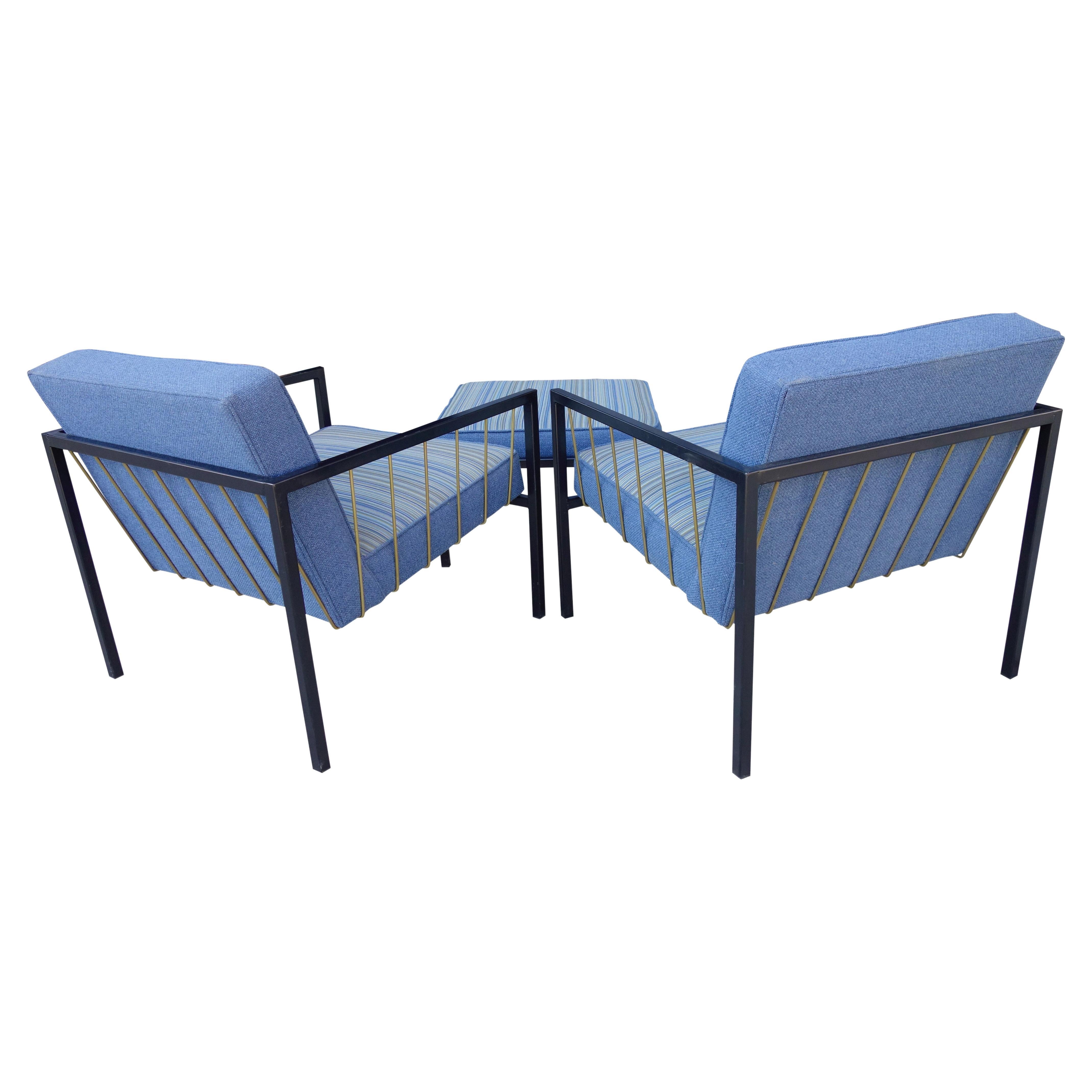 For your consideration are these wonderful and rare set of lounge chairs and ottoman by Donald Knorr for Vista of California. Featuring a metal frame and original upholstered cushions secured by a fabulous network of solid brass elements. Knorr also