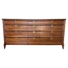 Mid-Century Modern 12 Drawer Walnut dresser credenza ring brass pull handles