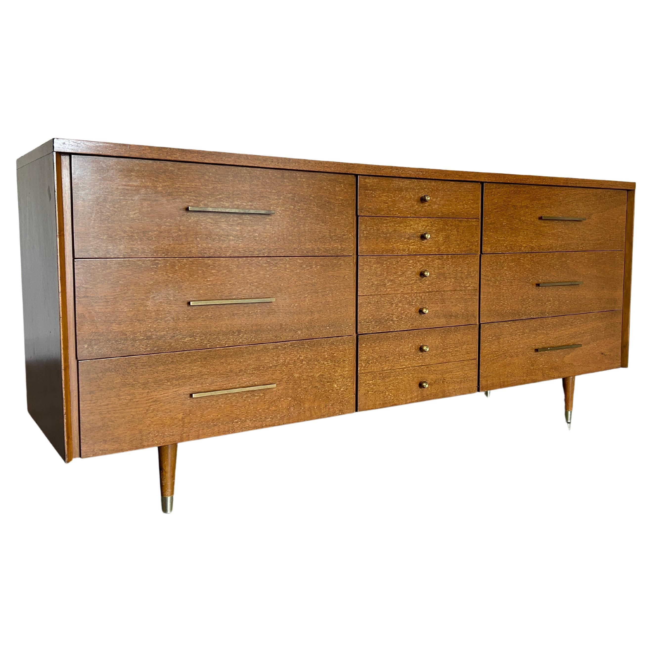Mid-Century Modern John Stuart Widdicomb Walnut 10 Drawer Dresser Credenza Brass
