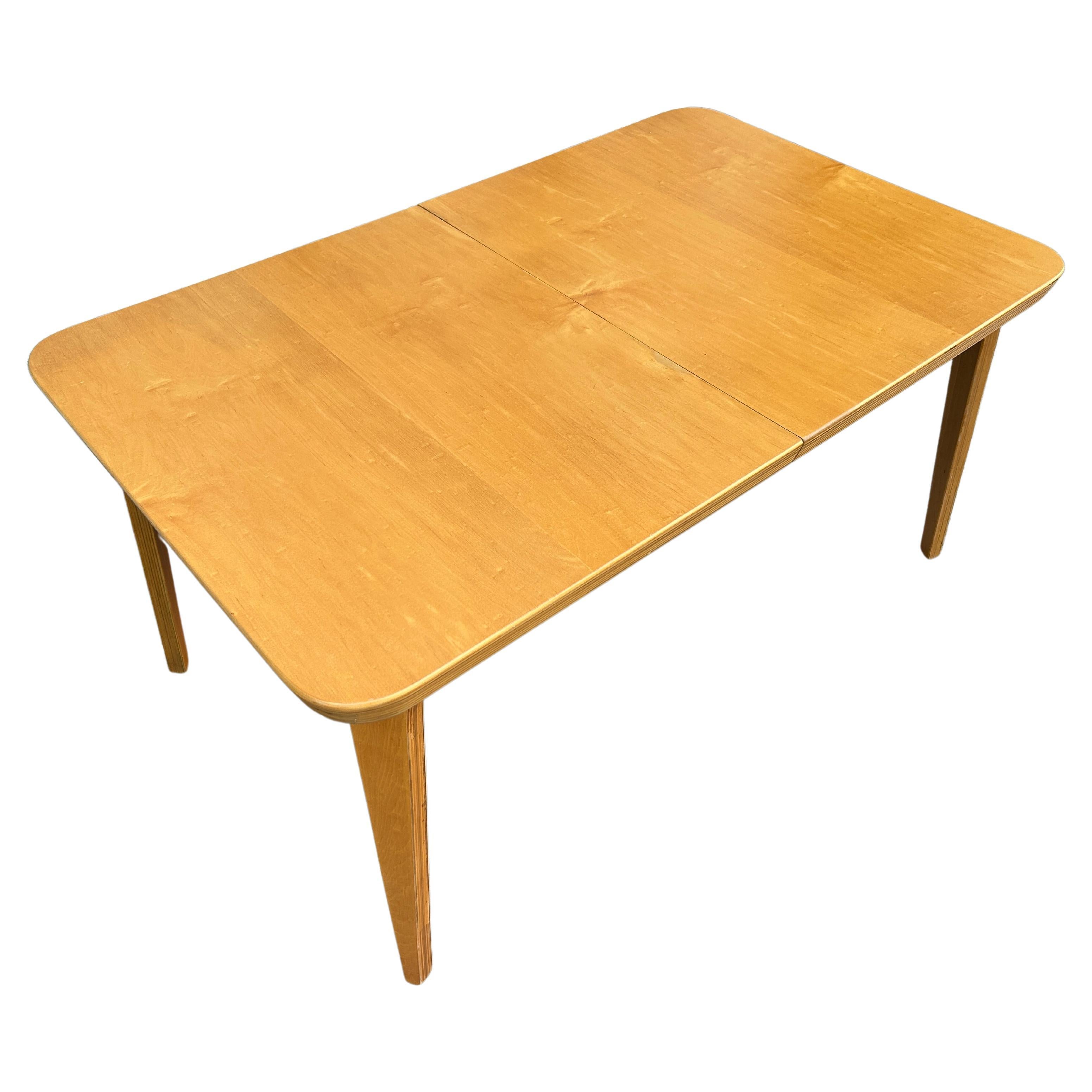 Mid-Century Modern Bentwood Rounded Corner Birch Blonde Dining Table with Leaf