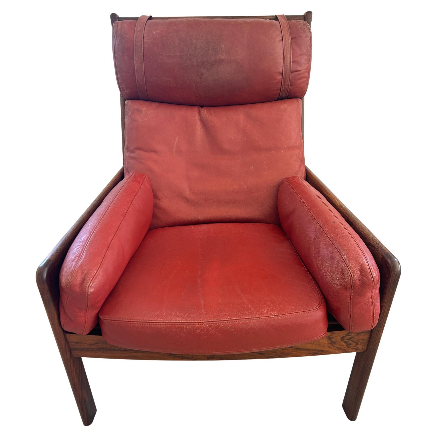 Mid-Century Modern Midcentury Scandinavian Modern Solid Rosewood Red Leather Lounge Chair For Sale