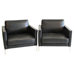 Vintage Pair of Modern Piero Lissoni for Knoll Divina Club Lounge Chairs Black Leather