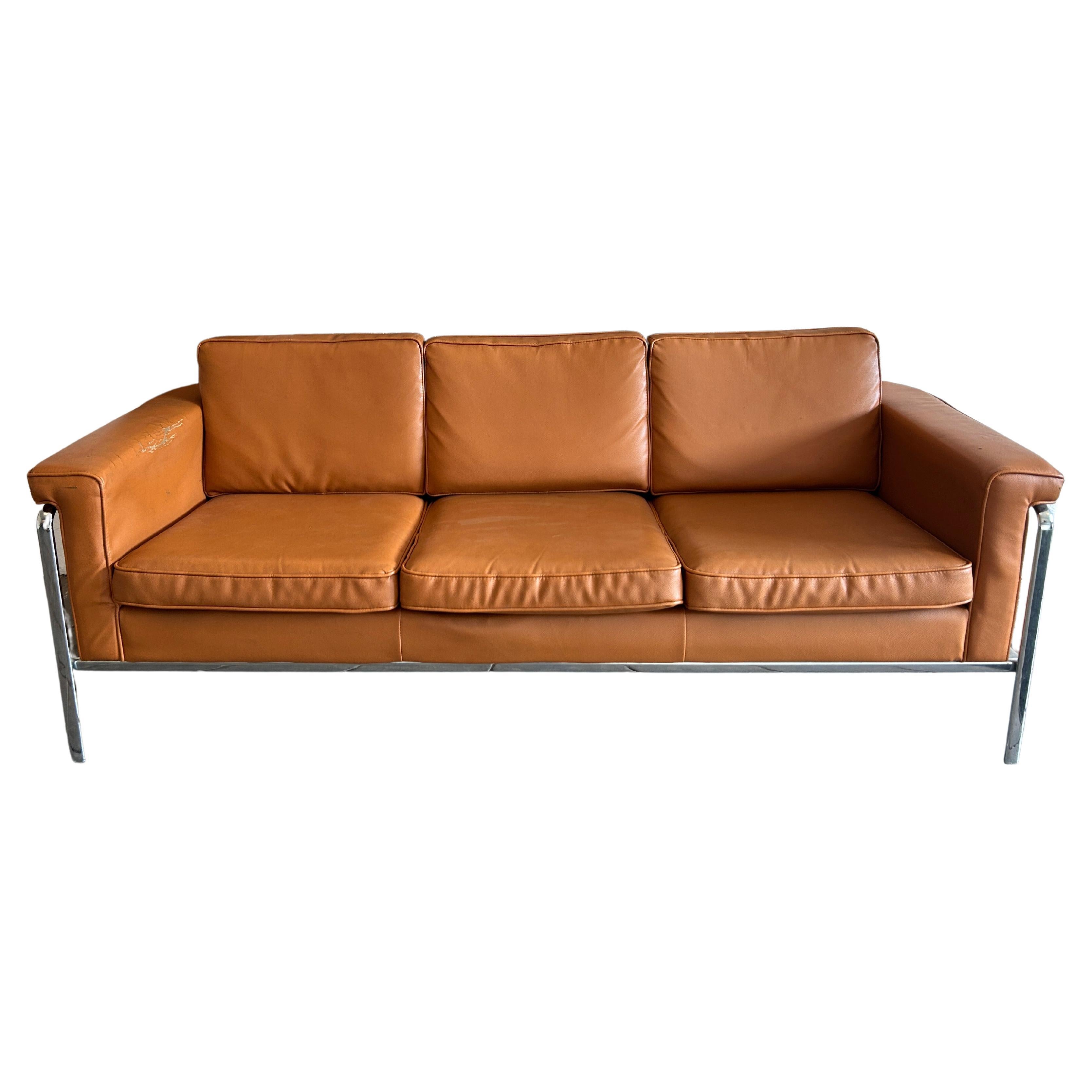 Mid Century Modern 3 seat Tan Leather Chrome frame sofa Style of Horst Brüning For Sale