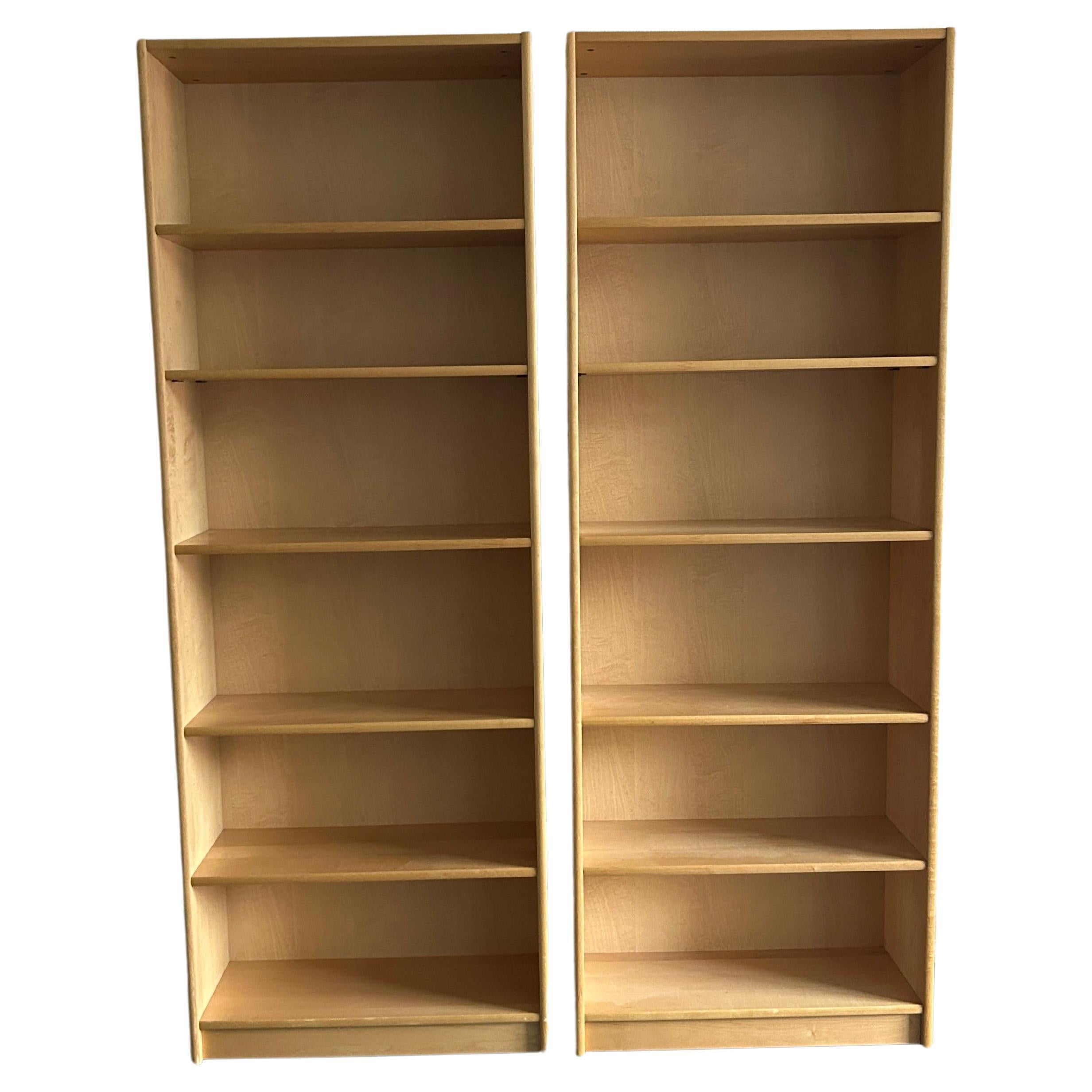 Pair of Scandinavian modern birch blonde tall 6 shelf bookcases wall unit For Sale