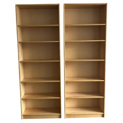 Pair of Scandinavian modern birch blonde tall 6 shelf bookcases wall unit
