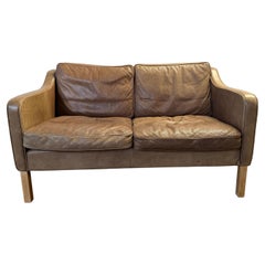 Mid-Century Danish Modern brown faded Leather 2 Seat Sofa Birch Legs