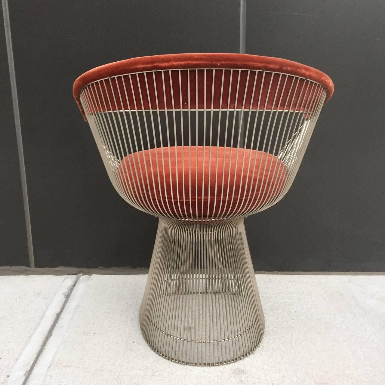 Up for sale is a fantastic Warren Platner for Knoll sculpted wire accent chair, with lush auburn reddish brown velvet upholstery. 

This chair both functional and art is an icon of mid century modern design from one of the period's whimsical