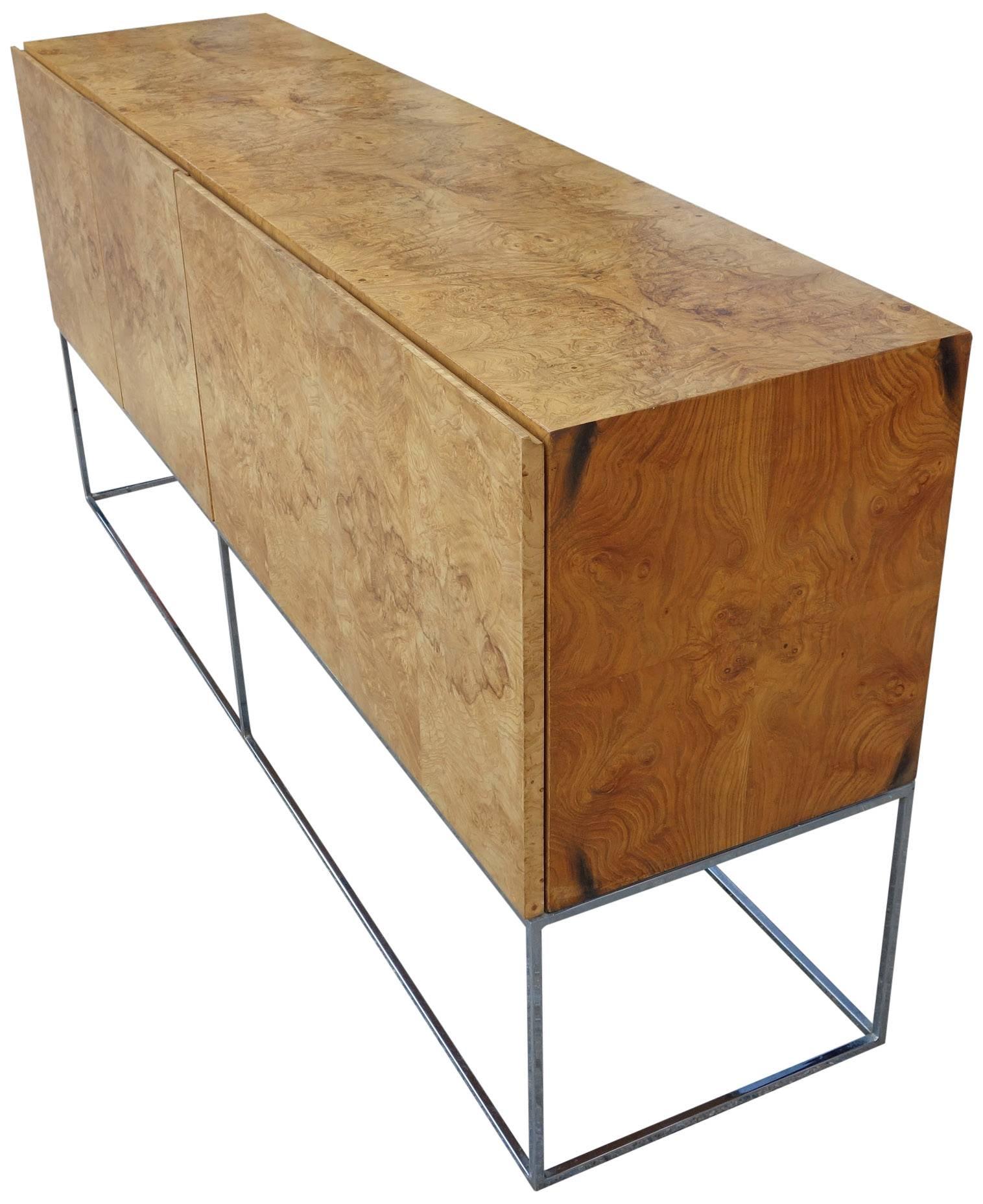 Late 20th Century Milo Baughman for Thayer Coggin Burl Wood Credenza on a Floating Chrome Base
