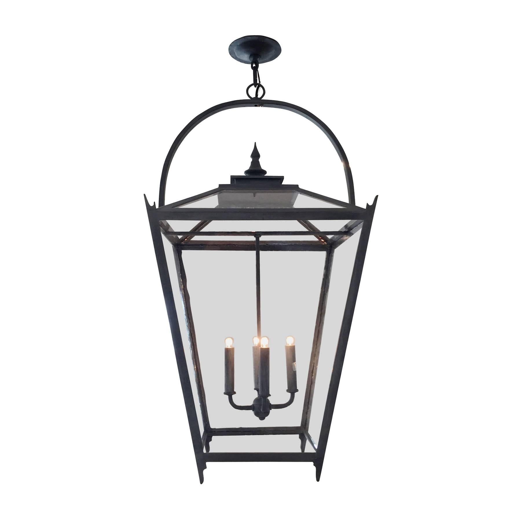 Large Wrought Iron Interior/Exterior Pendant in Zinc Finish with Antique Glass For Sale