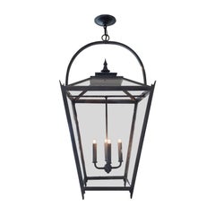 Large Wrought Iron Interior/Exterior Pendant in Zinc Finish with Antique Glass