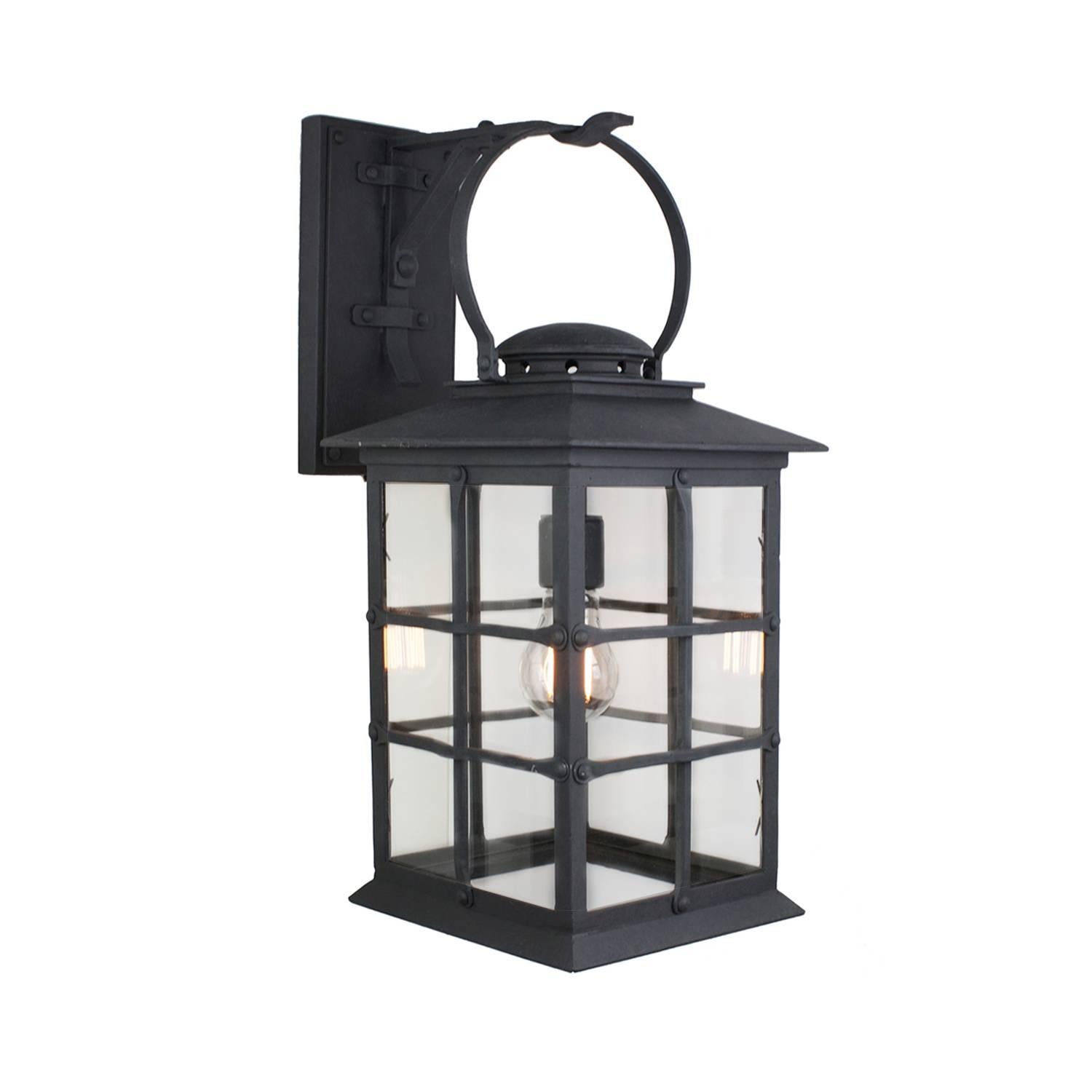Mission Style Exterior Wrought Iron Wall Mount Lantern, Grey For Sale