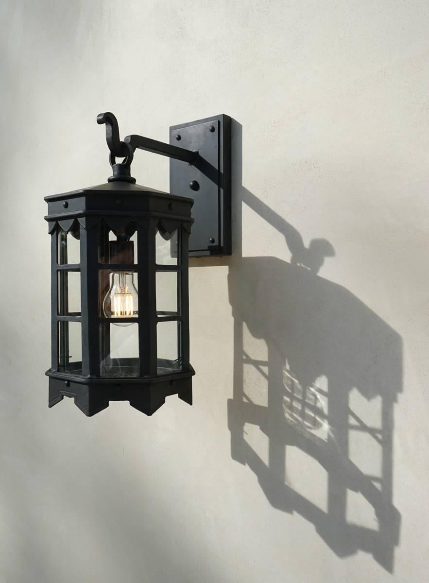 American Spanish Wrought Iron - Exterior Arm Mount Lantern, Grey  For Sale