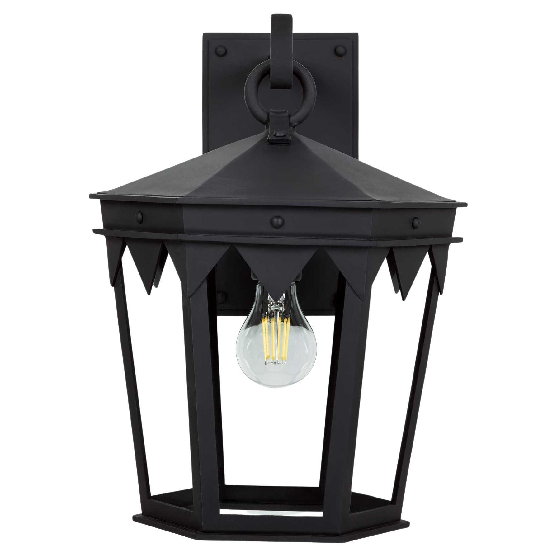 Spanish Influenced Top Cresting Wrought Iron Exterior Lantern Wall Mount
