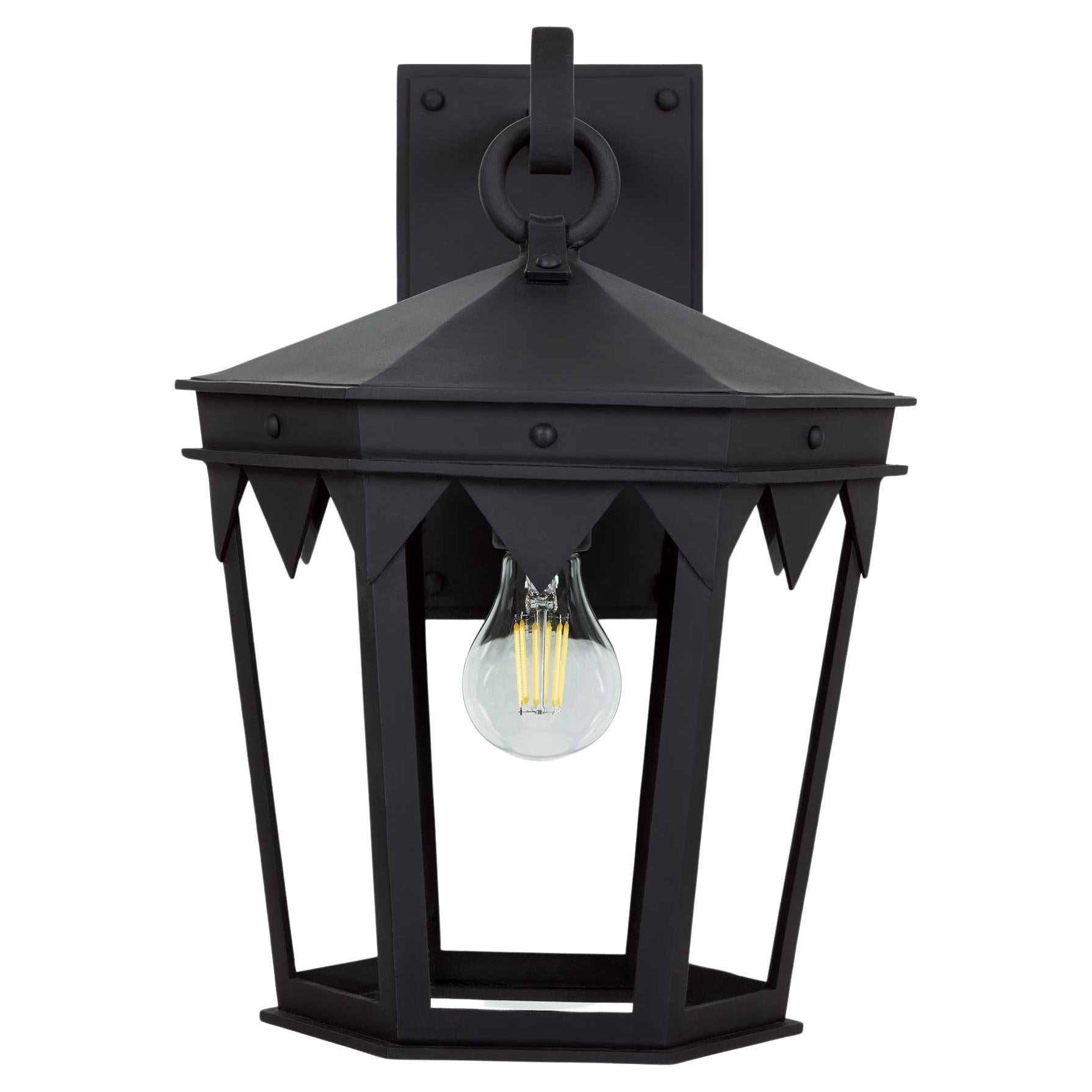 Spanish Influenced Top Cresting Wrought Iron Exterior Lantern Wall Mount, Grey 