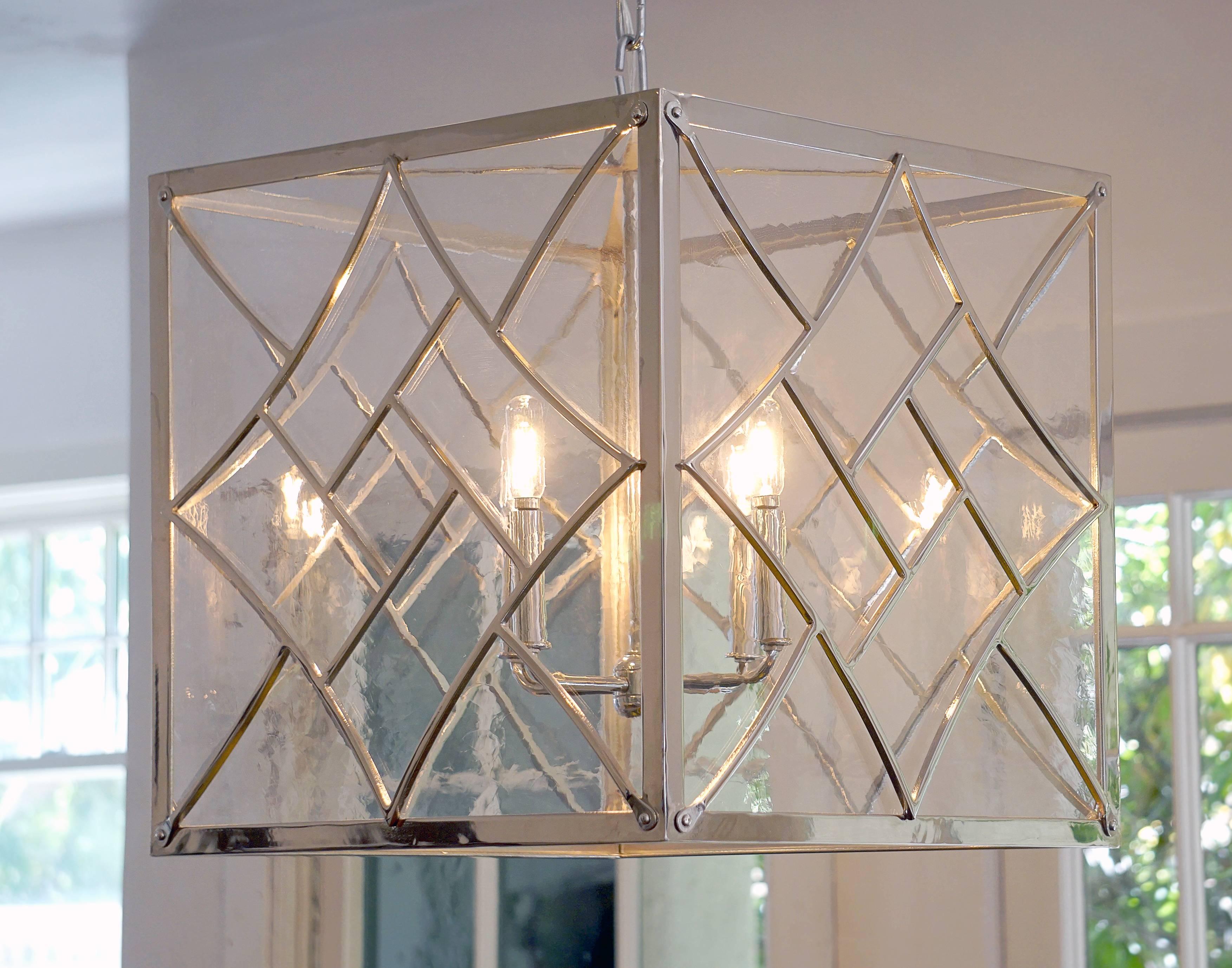 Art Deco Contemporary Cube Shaped Pendant, Polished Nickel and Antique Style Glass For Sale
