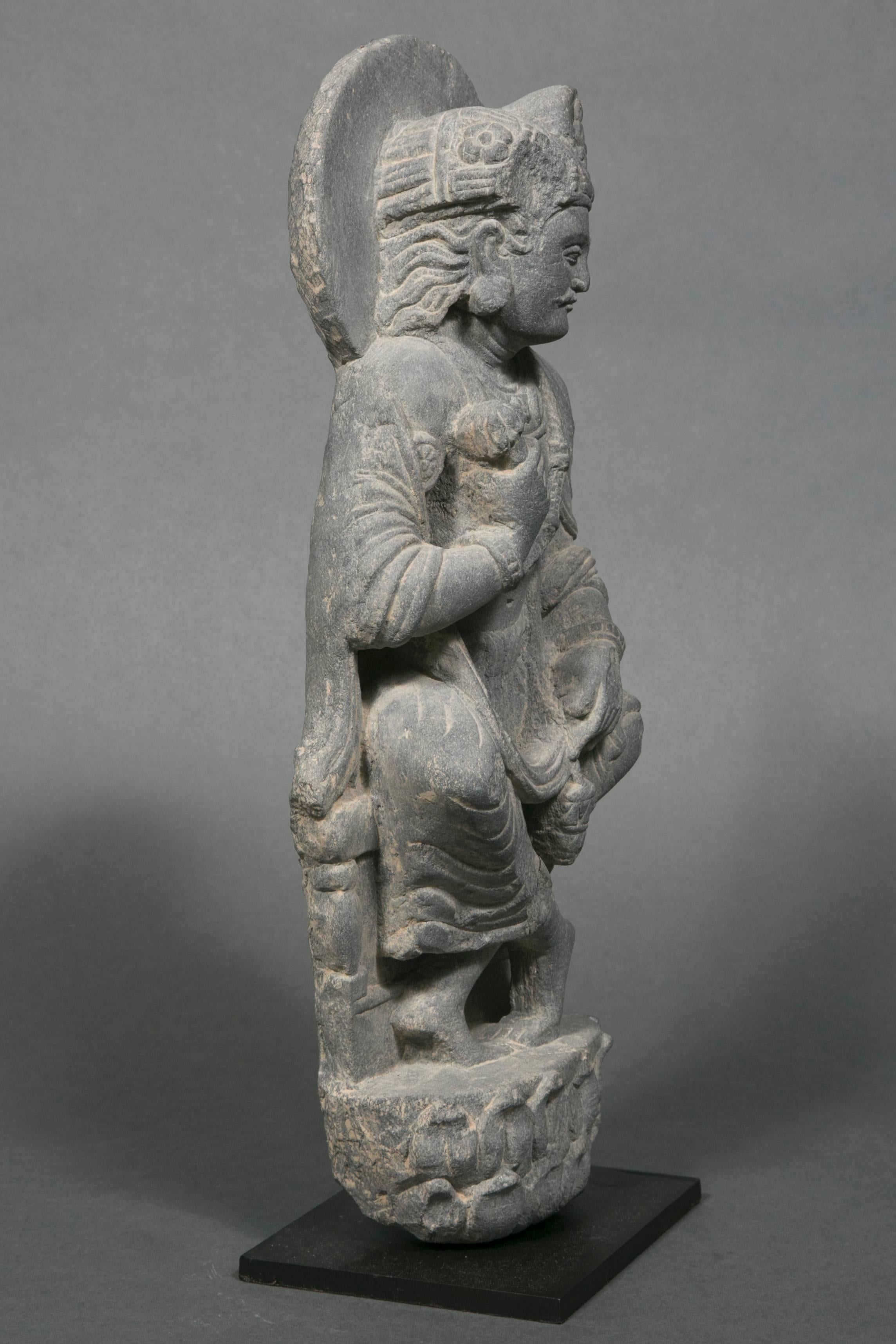 Asian Bodhisattva in Gray Schist, Art of Gandhara, 2nd-4th Century J.C For Sale