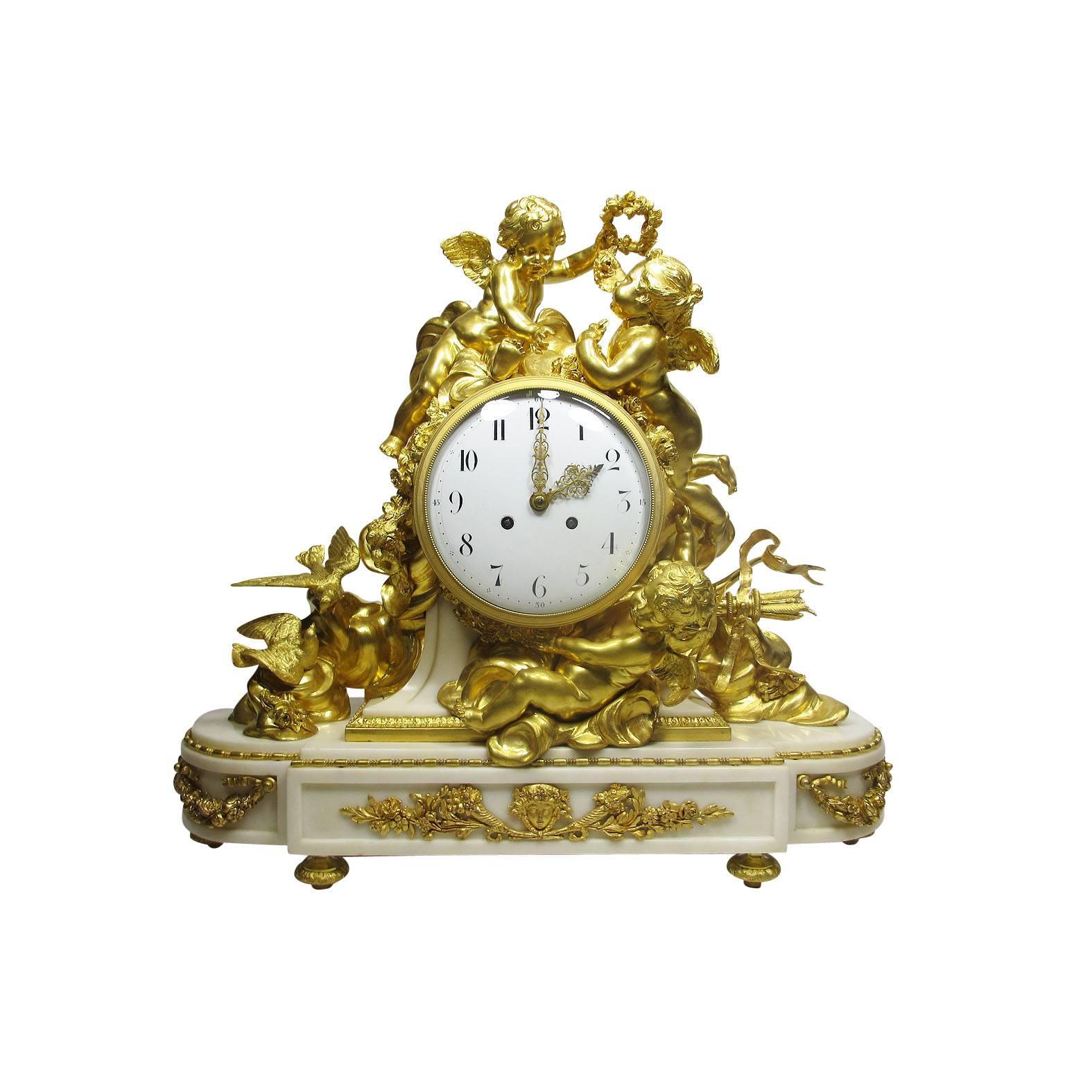 Louis XV Style 19th-20th Century Figural Gilt Bronze White Marble Mantel Clock