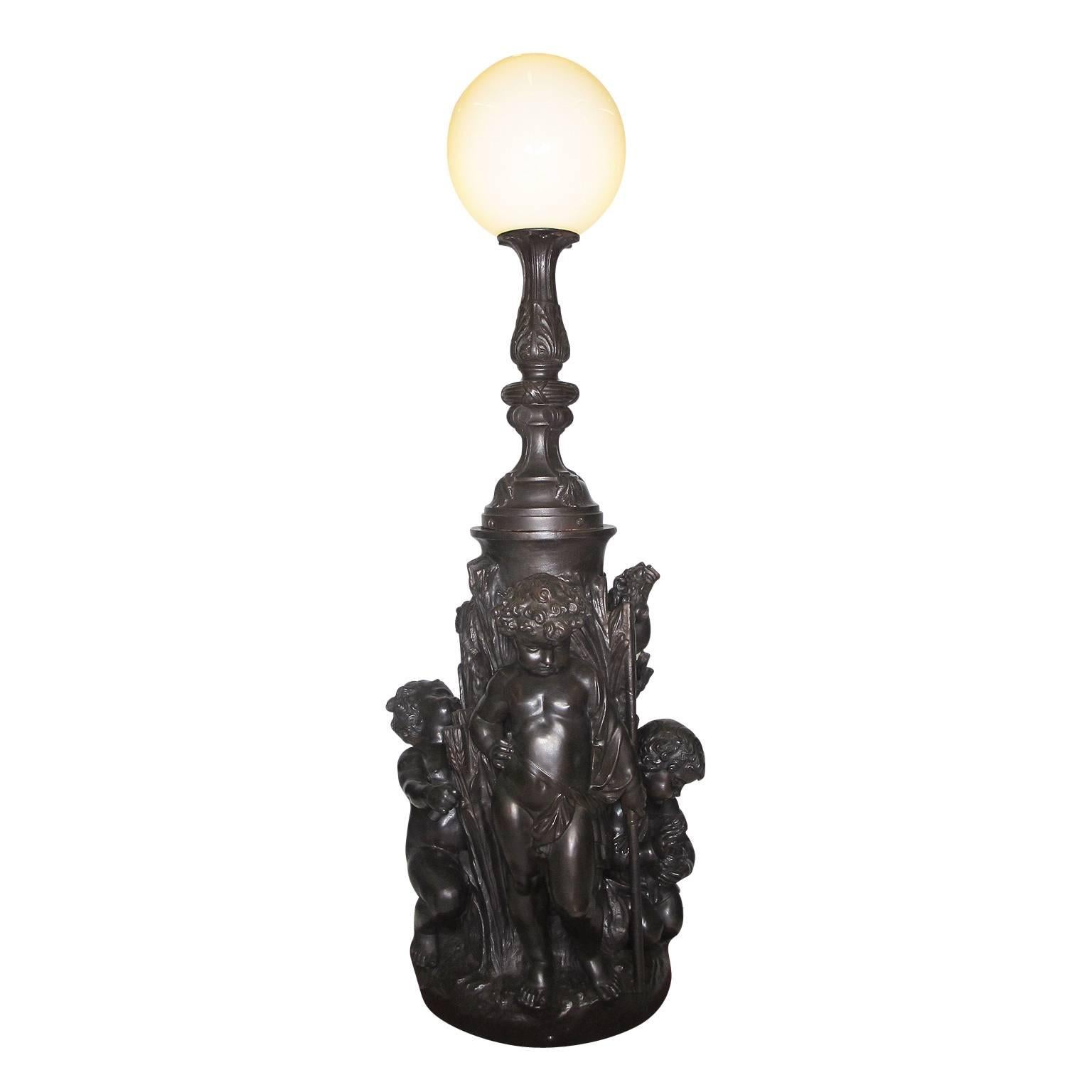Palatial French 19th-20th Century Allegorical Figural Cast Iron Group Torchere For Sale