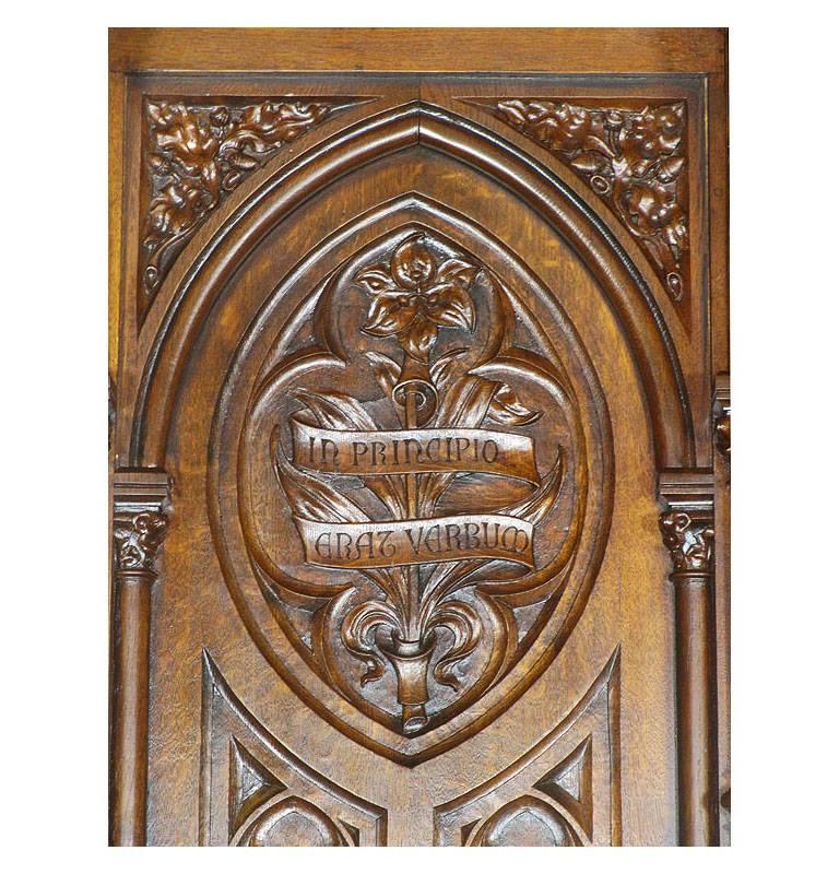 A very fine and rare Italian 19th century Gothic style oak carved Figural Church Pulpit, with a carved five-step staircase leading to the the upper podium with crest carvings and a paneled canopy with an eagle, the backplate shield inscribed 