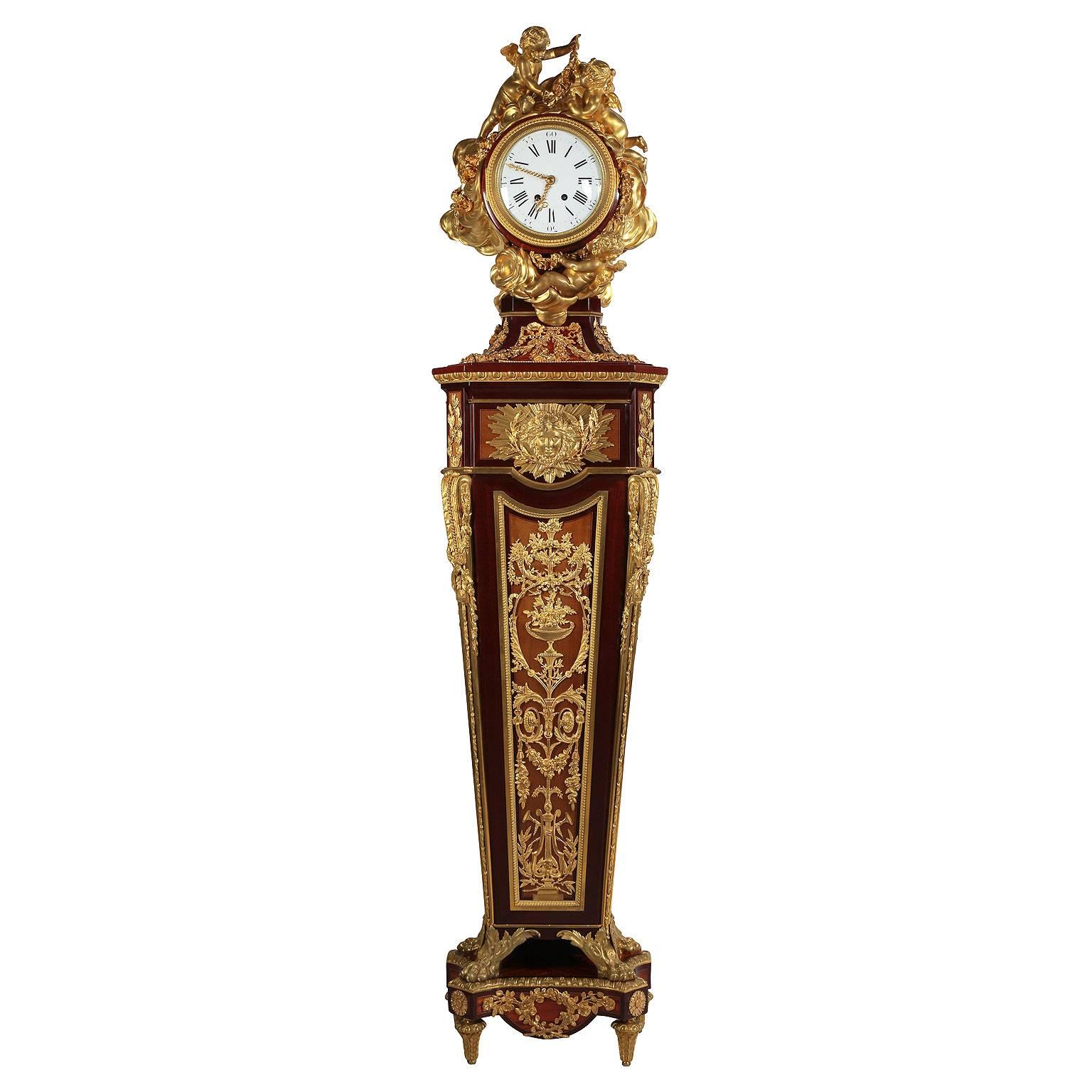 French 19th C. Louis XVI Style Cherub Tall-Case Clock After Jean-Henri Riesener