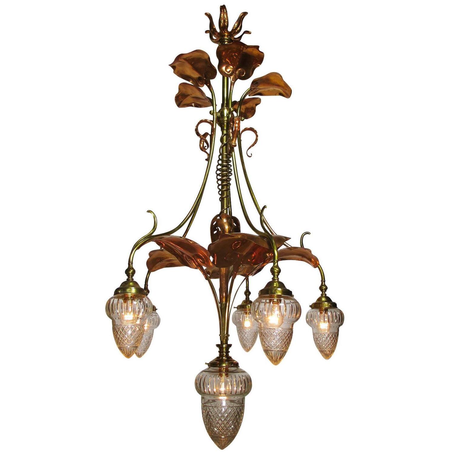 Art Nouveau Arts and Crafts Movement 6Light Chandeldeier, Prob. by W.A