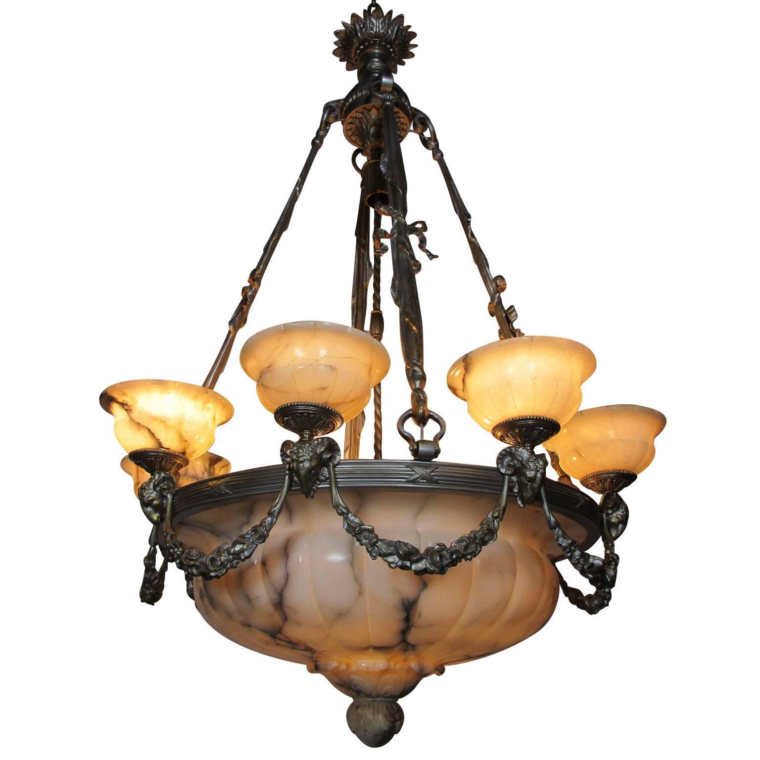 Rare Early French 20th Century Art Deco Bronze and Carved Alabaster Chandelier