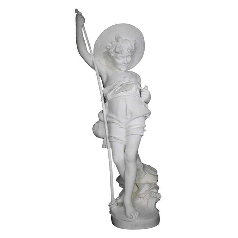 Large Italian 19th Century Carved Carrara Marble Figure of a Fisherman Boy For Sale