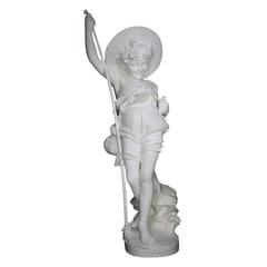 Large Italian 19th Century Carved Carrara Marble Figure of a Fisherman Boy