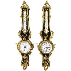 Pair of French 19th Century Louis XV Style Ebonized Cartel Clock and Barometer 3