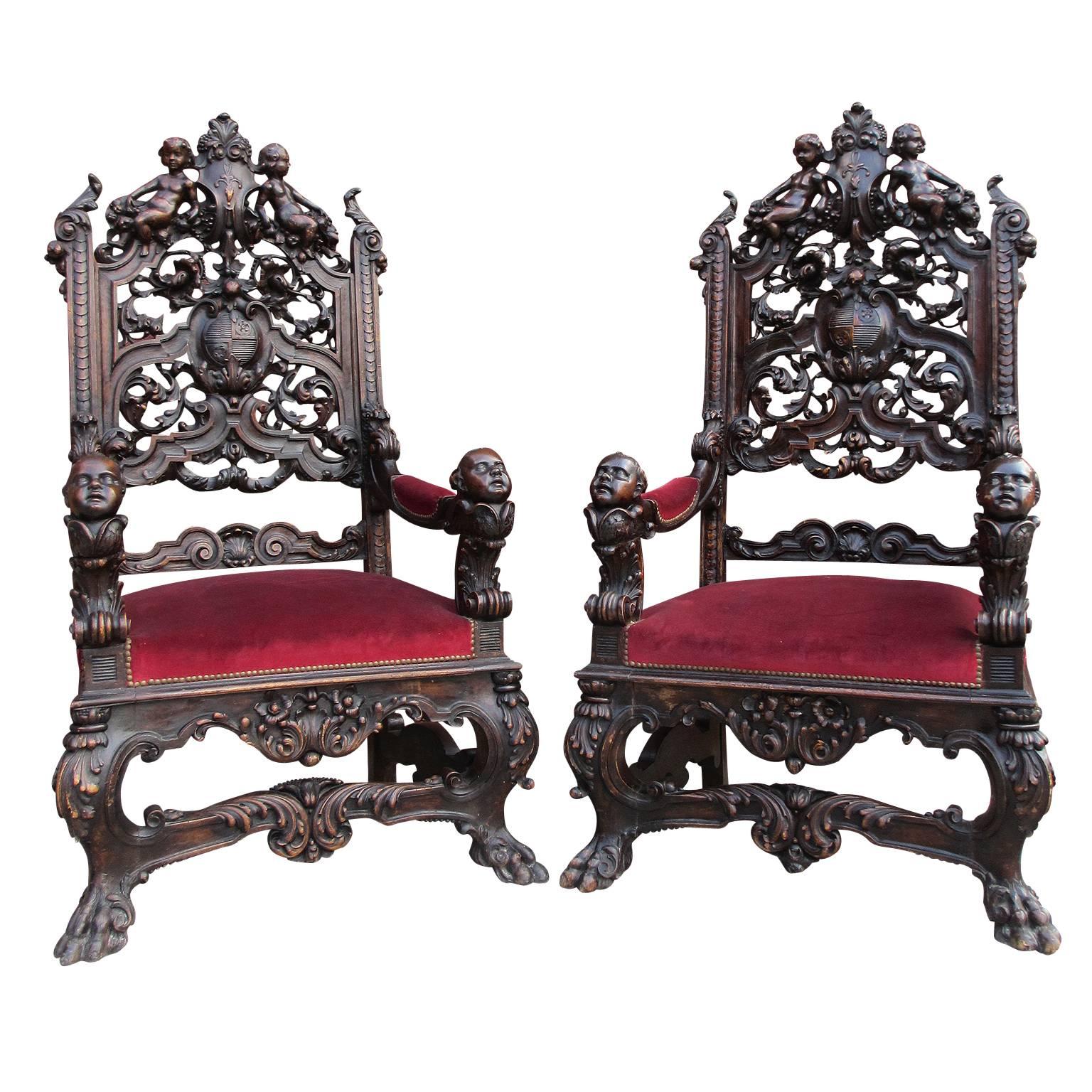 Pair of Italian 19th Century Renaissance Style Carved Figural Throne Armchairs