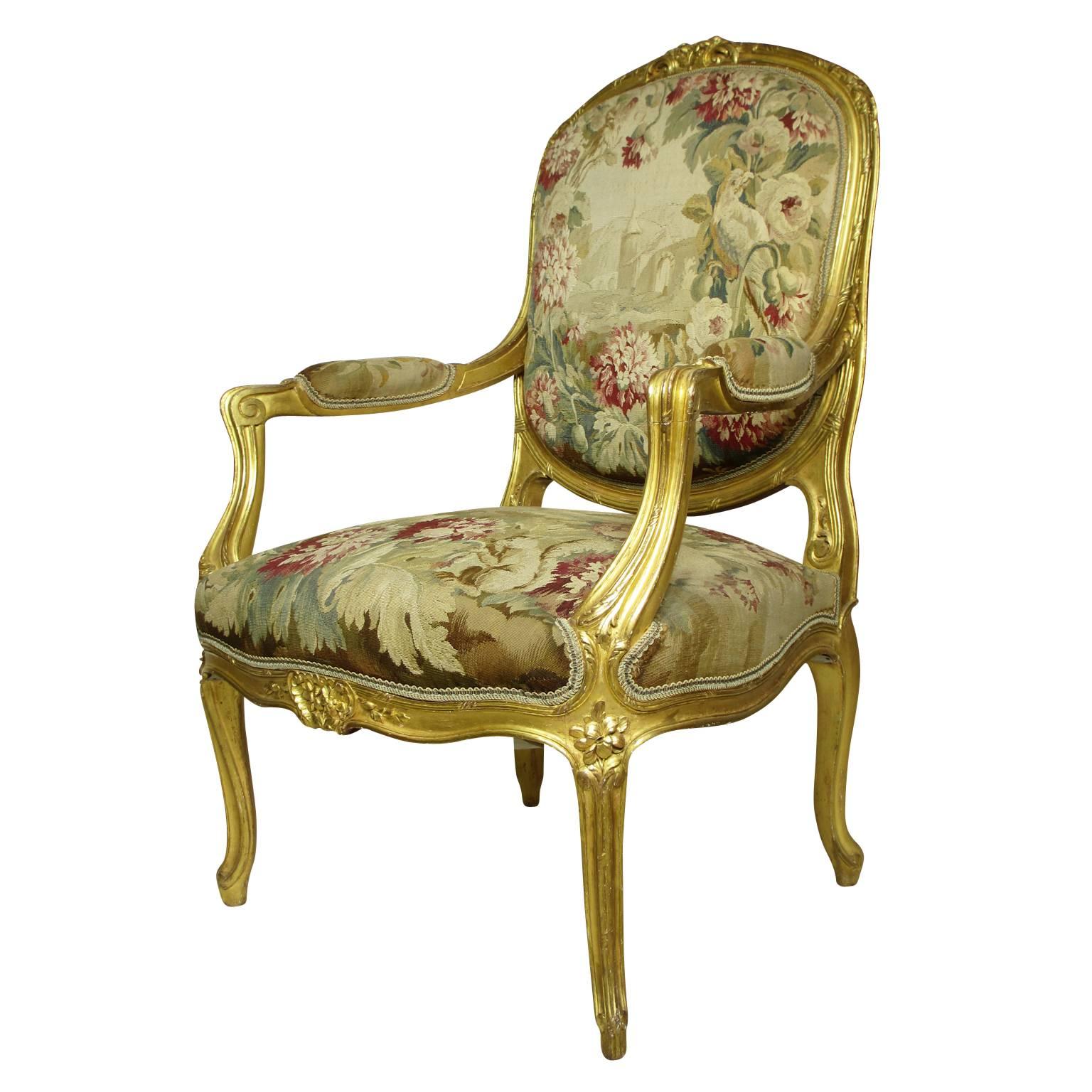 French 19th Century Louis XV Style Three-Piece Giltwood and Aubusson Salon Suite In Good Condition For Sale In Los Angeles, CA