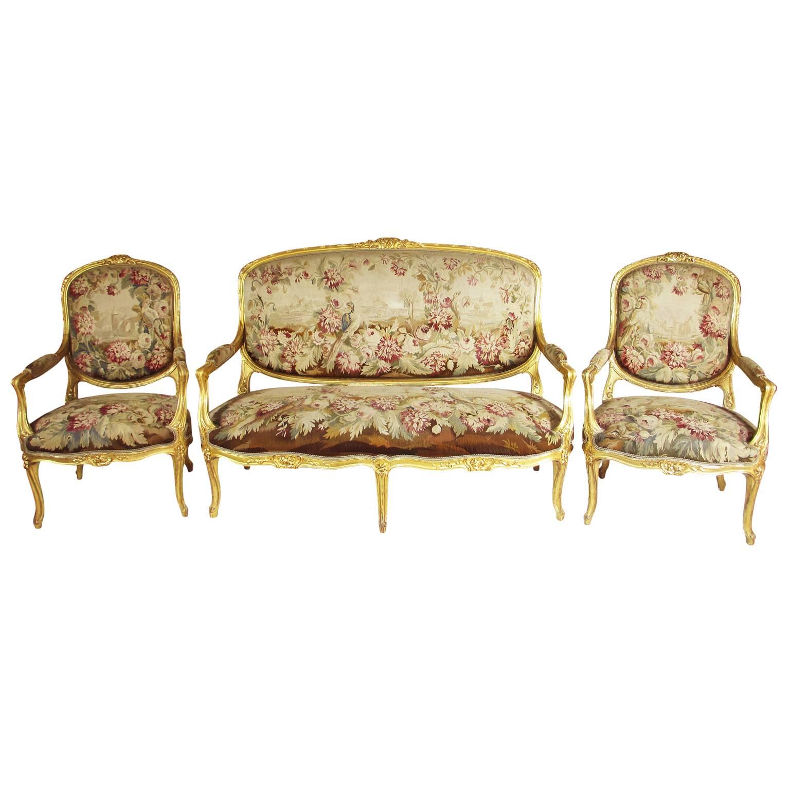 French 19th Century Louis XV Style Three-Piece Giltwood and Aubusson Salon Suite
