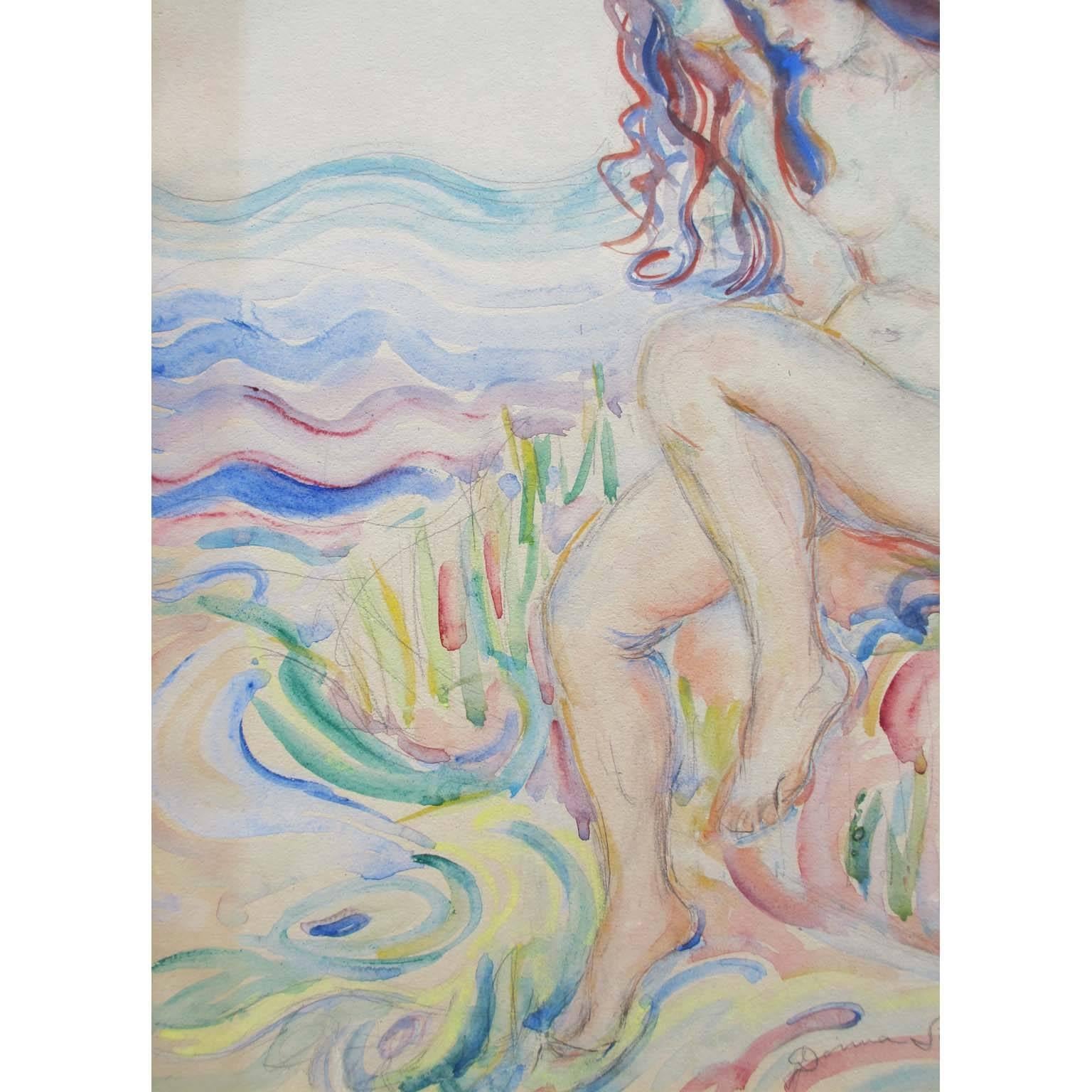 American Classical Donna Schuster “Nude Bathers” Watercolor, Pencil and Gouache For Sale
