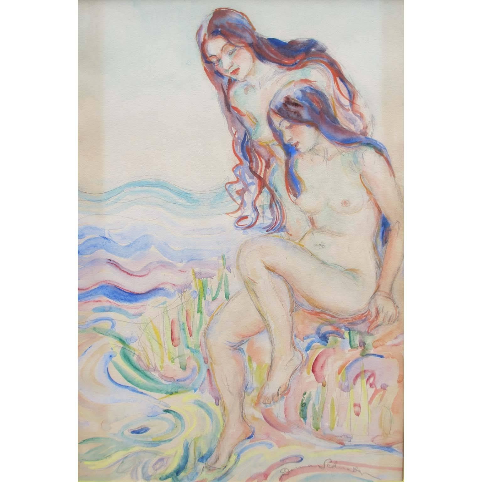 Donna Schuster (1893-1953) “Nude Bathers” watercolor, pencil and gouache within a giltwood carved frame and protective glass. Signed ‘Donna Schuster’ (Lower Right), circa 1920-1930.

Donna Norine Schuster was born in Milwaukee, Wisconsin on