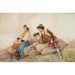 Filippo Indoni (Italian, 1842-1908) "The Lover's Courtship" Watercolor on Paper