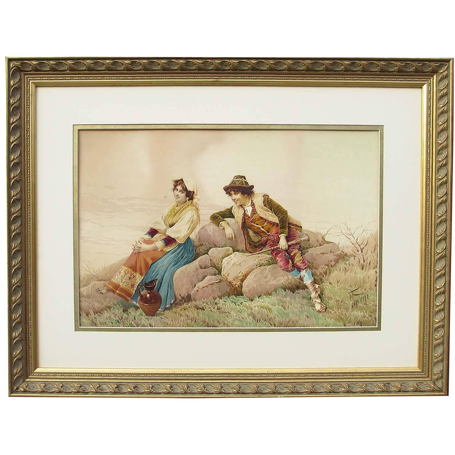 Filippo Indoni (italien, 1842-1908) « The Lover's Courtship » (La cour de l'amoureux) aquarelle sur papier