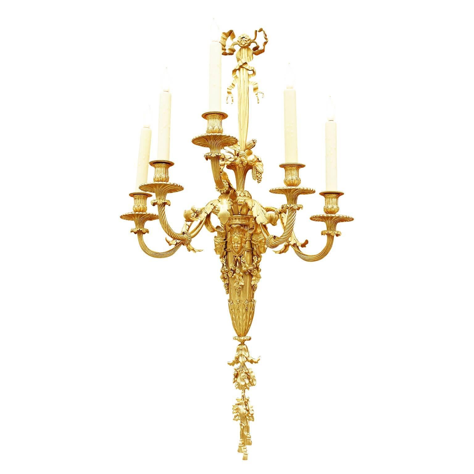 Gilt Pair of French 19th Century Louis XVI Style Figural Wall Lights after Thomire For Sale