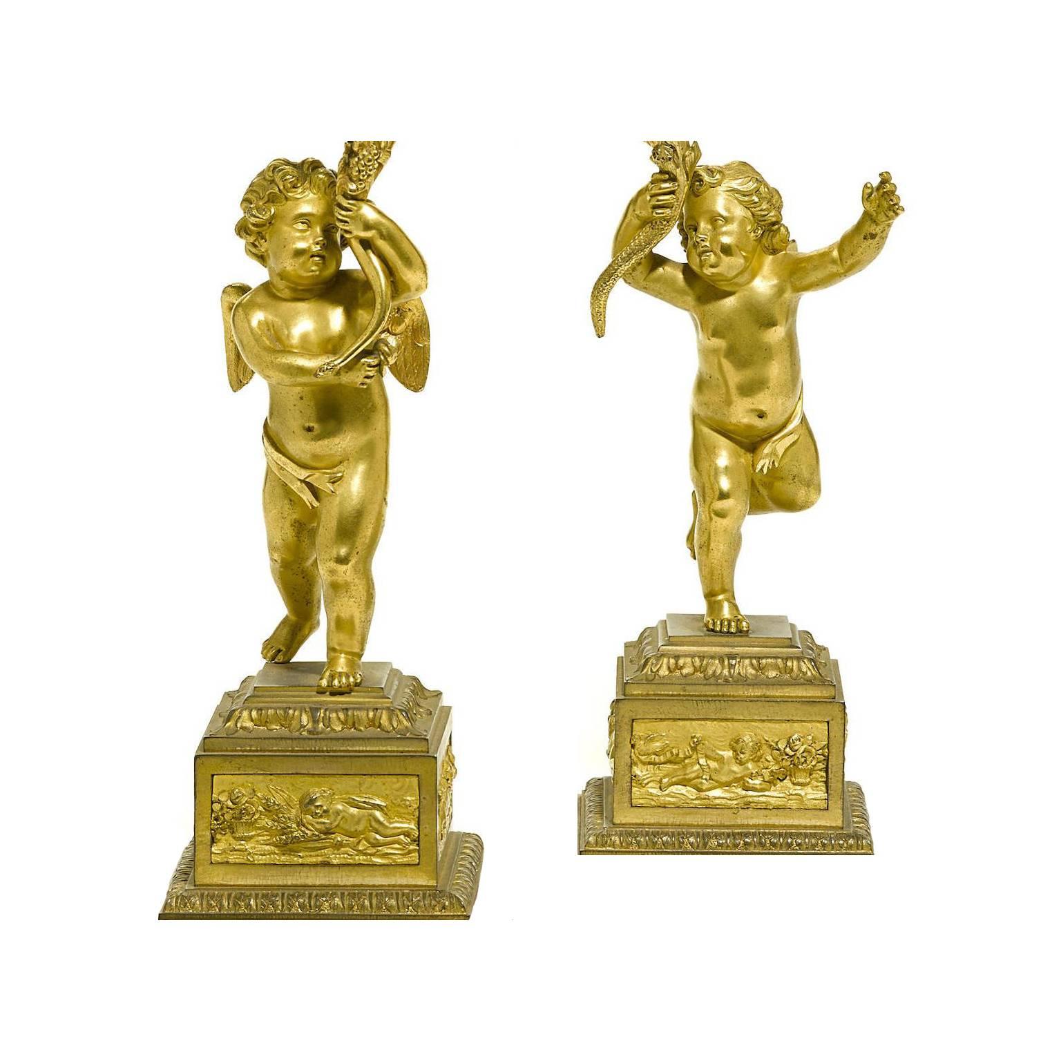Carved Pair of French 19th Century Louis XV Style Gilt Bronze Candelabra with Cherubs For Sale