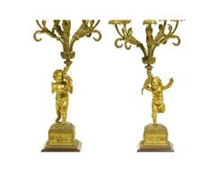 Pair of French 19th Century Louis XV Style Gilt Bronze Candelabra with Cherubs
