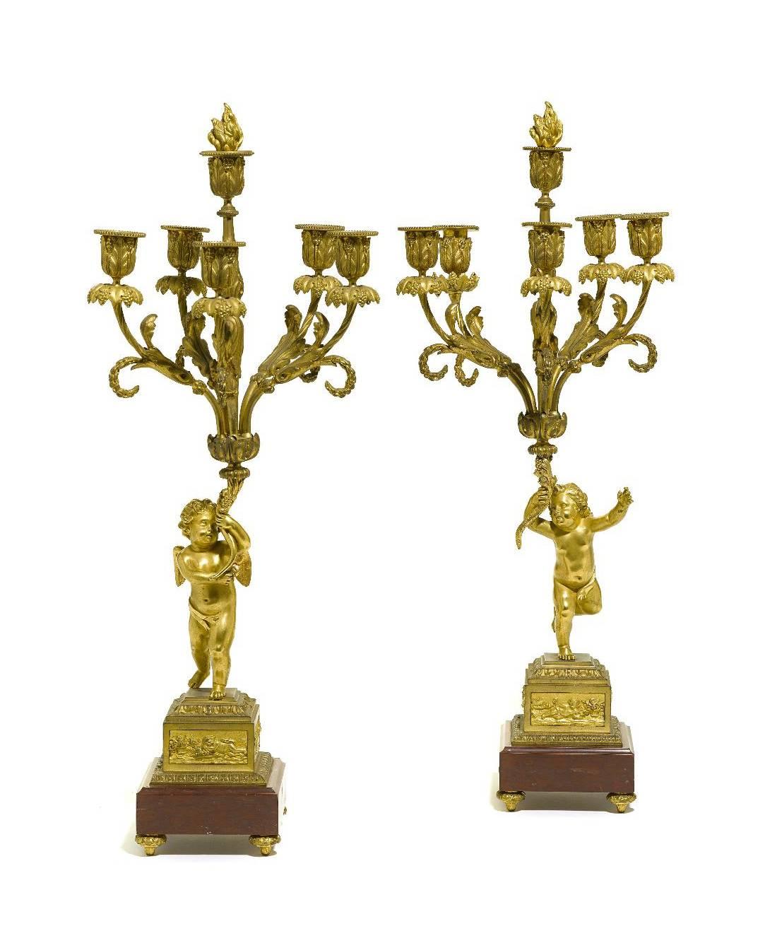 Pair of French 19th Century Louis XV Style Gilt Bronze Candelabra with Cherubs For Sale 2