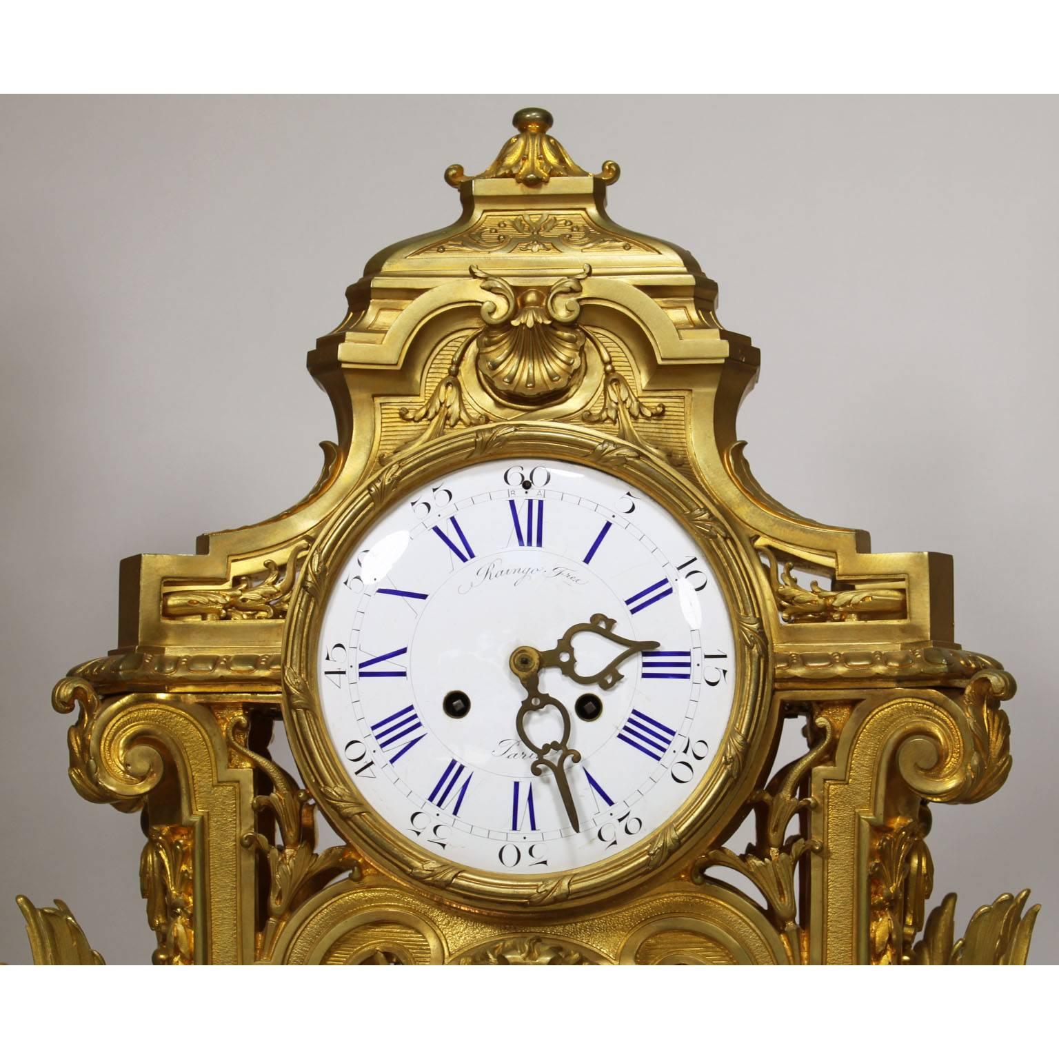Gilt French 19th Century Louis XIV Style Figural Ormolu Clock Garniture, Raingo Frers For Sale