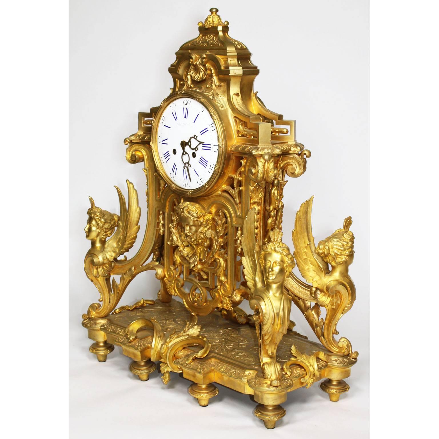 Bronze French 19th Century Louis XIV Style Figural Ormolu Clock Garniture, Raingo Frers For Sale