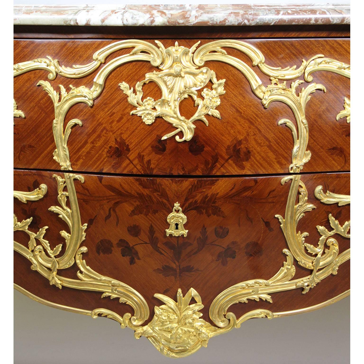 Carved French 19th-20th century Louis XV Style Gilt Bronze Mounted Marquetry Commode For Sale