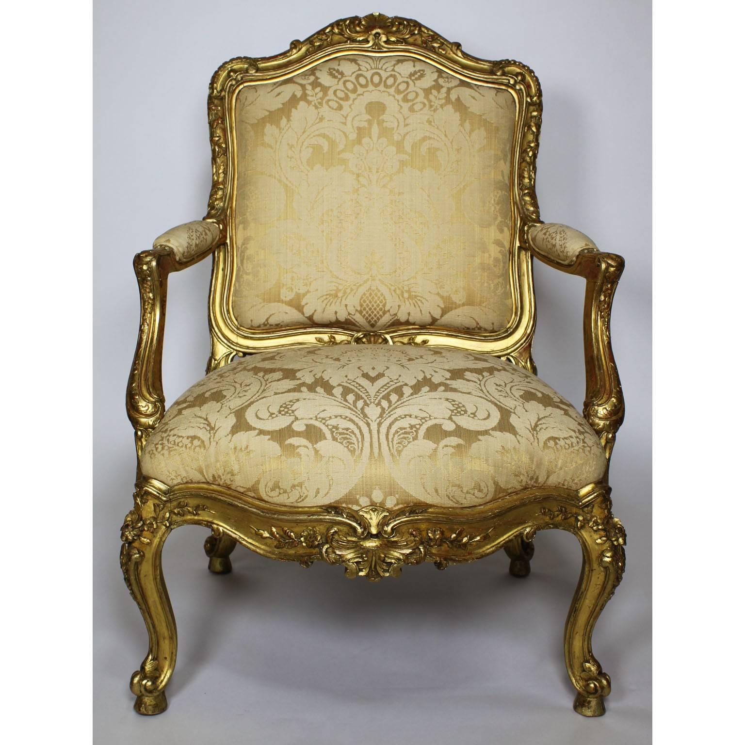Pair of Italian 19th Century Rococo Style Giltwood Carved Armchairs, circa 1860 In Good Condition For Sale In Los Angeles, CA
