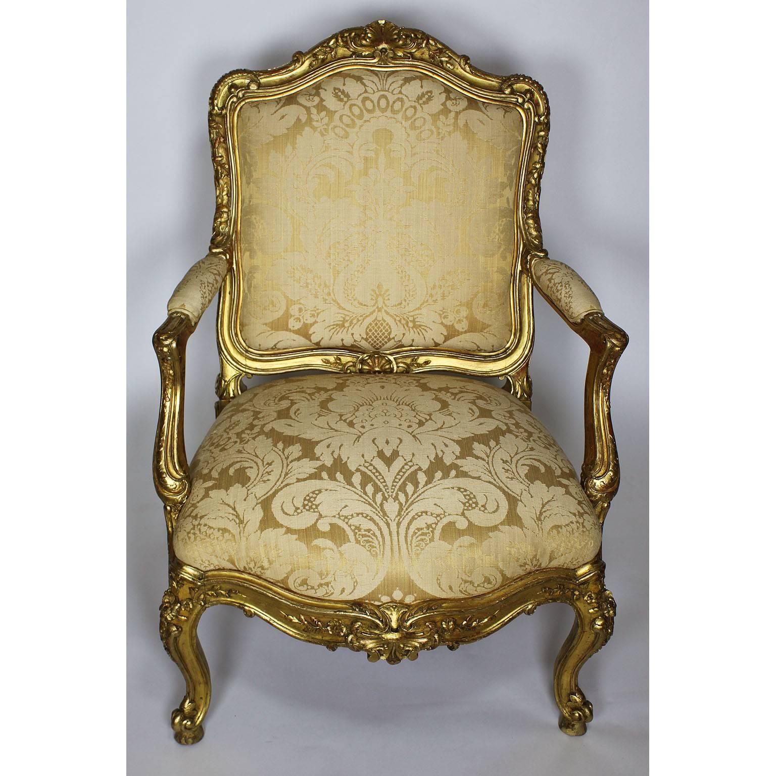 Fabric Pair of Italian 19th Century Rococo Style Giltwood Carved Armchairs, circa 1860 For Sale