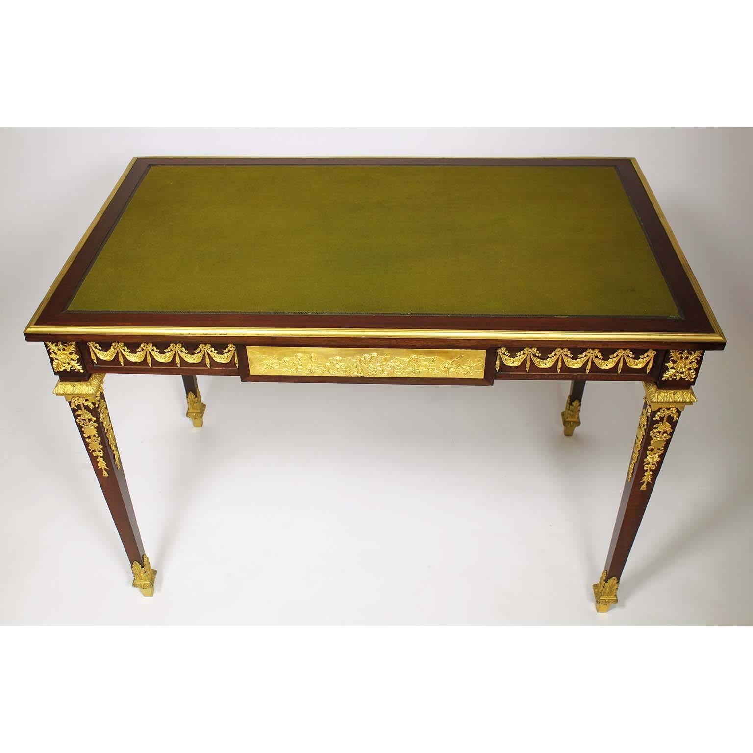 Carved French 19th Century Louis XVI Style Mahogany and Ormolu Mounted Desk by Grimard For Sale