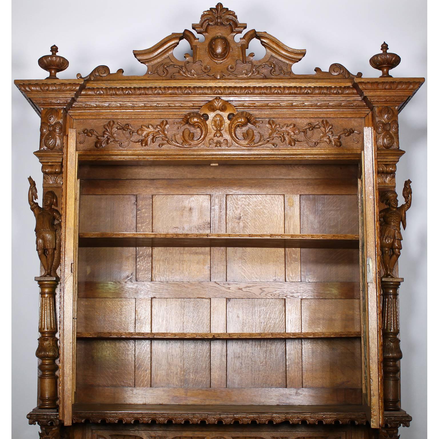 Stained Glass Large Italian 19th Century Baroque Style Oak-Carved Figural Credenza Cabinet For Sale
