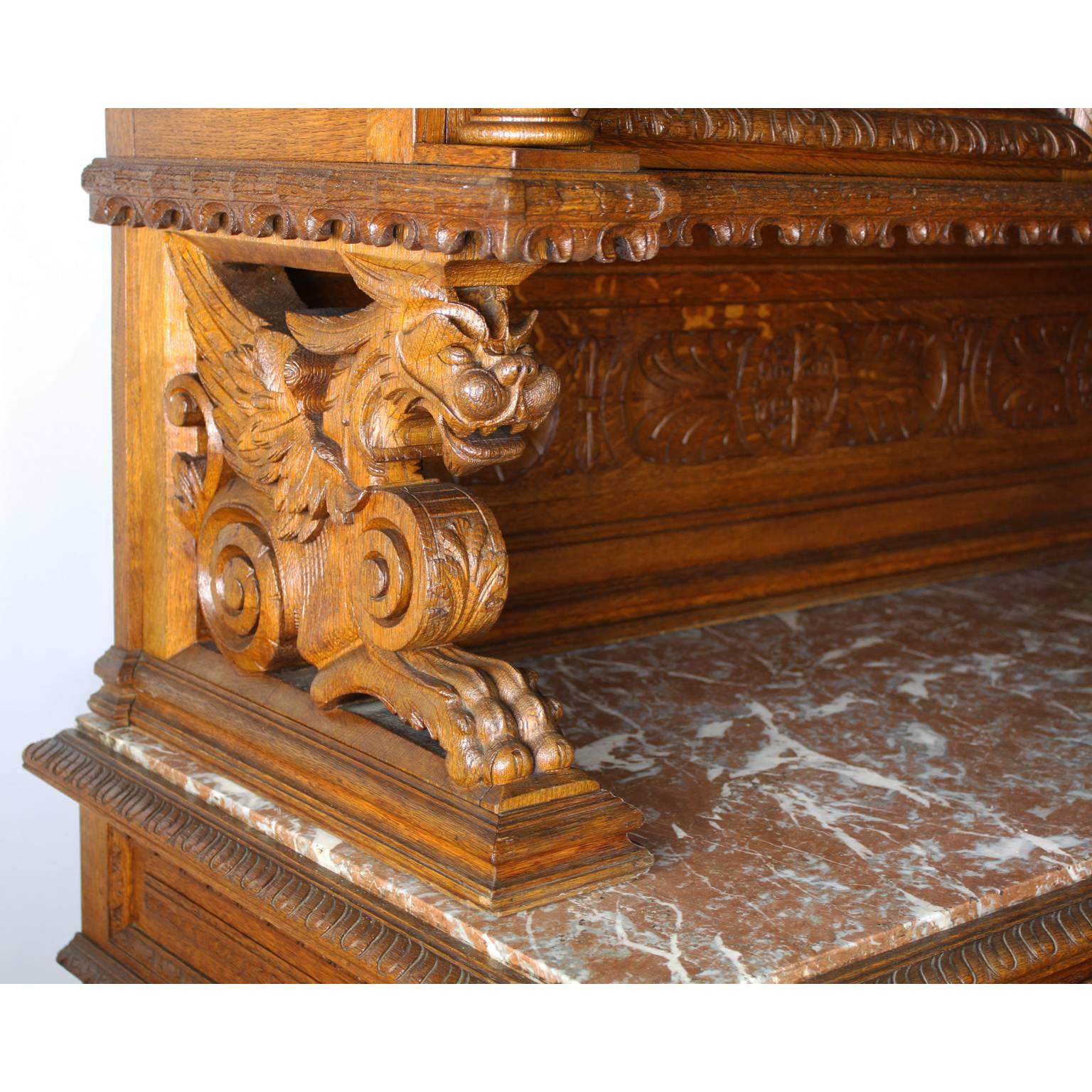 Large Italian 19th Century Baroque Style Oak-Carved Figural Credenza Cabinet For Sale 1